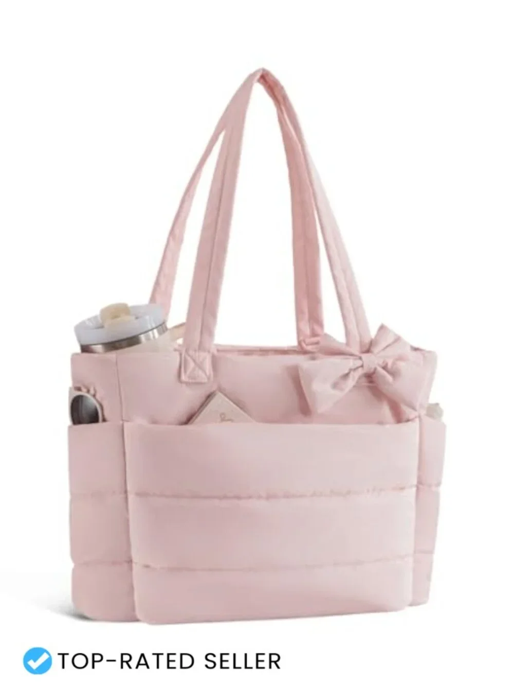 Quilted Puffer Tote Bag with Laptop Compartment and Cup Holder